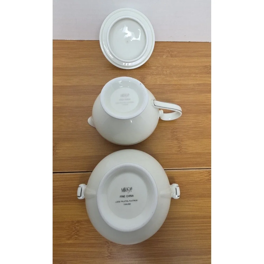 Mikasa Fine China Palatial Platinum Creamer & Sugar Bowl‎ L3235 White & Silver